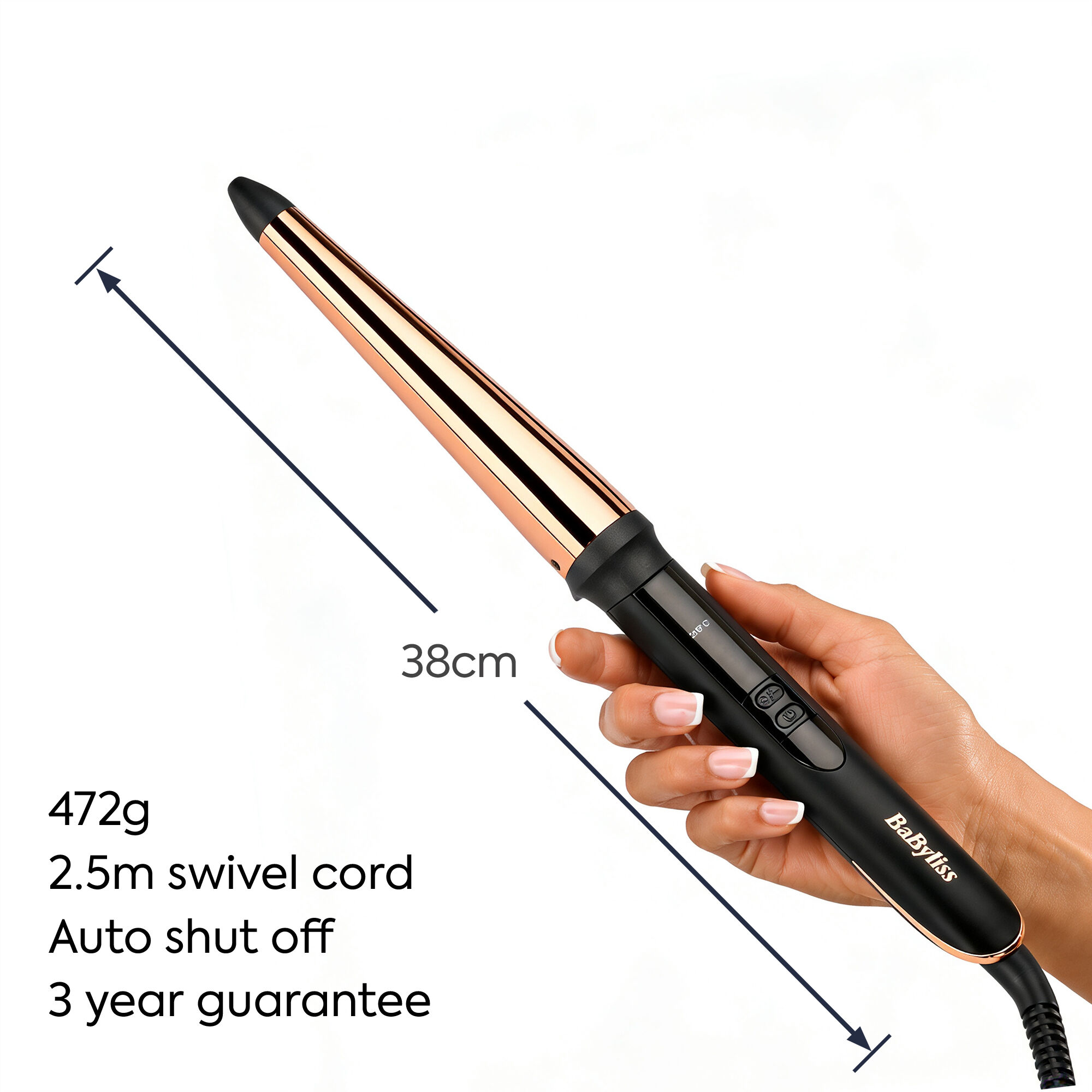 38cm long. 472g. 2.5m swivel cord. Auto shut off. 3 year guarantee.